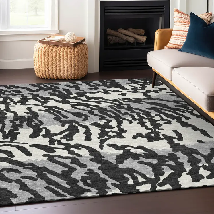 3' X 5' Black Gray And Ivory Animal Print Washable Indoor Outdoor Area Rug