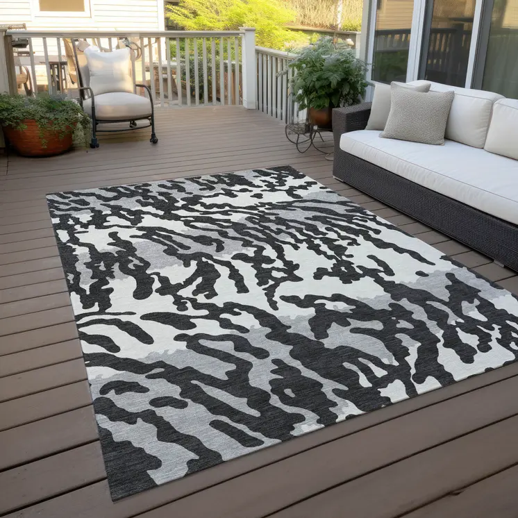 5' X 8' Black Gray And Ivory Animal Print Washable Indoor Outdoor Area Rug
