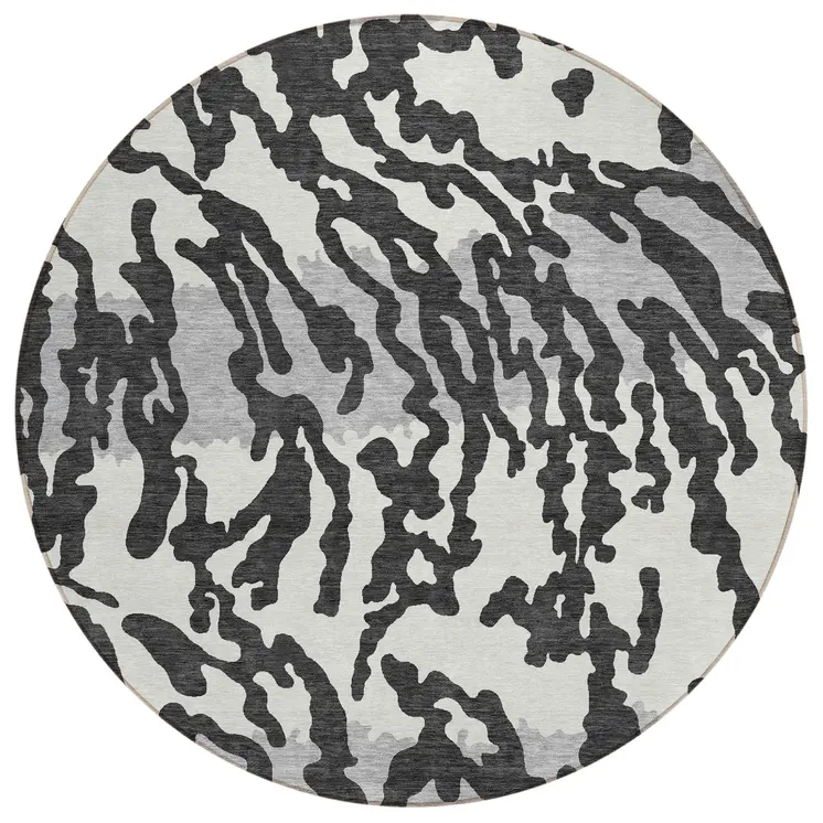 8' Black Gray And Ivory Round Animal Print Washable Indoor Outdoor Area Rug