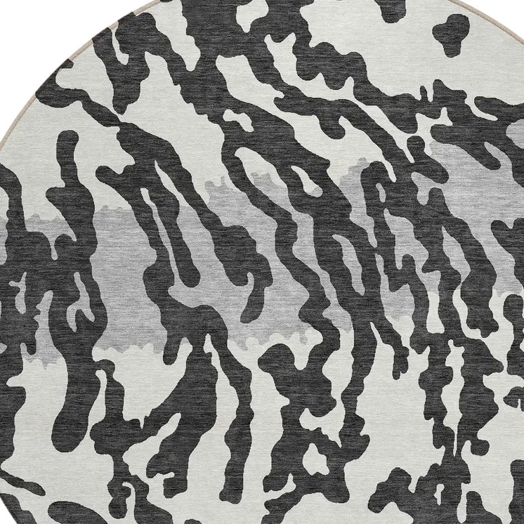 8' Black Gray And Ivory Round Animal Print Washable Indoor Outdoor Area Rug