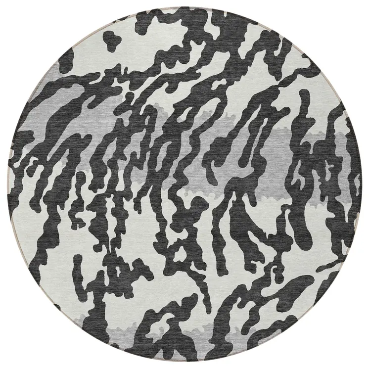 8' Black Gray And Ivory Round Animal Print Washable Indoor Outdoor Area Rug