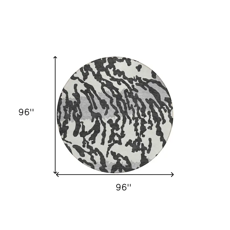 8' Black Gray And Ivory Round Animal Print Washable Indoor Outdoor Area Rug