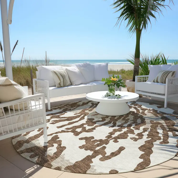 8' Chocolate Beige And Ivory Round Animal Print Washable Indoor Outdoor Area Rug