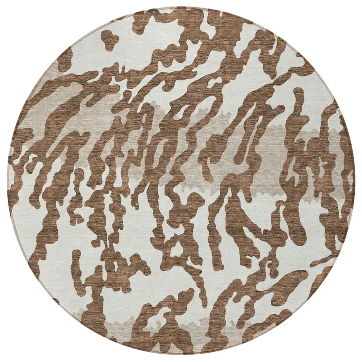8' Chocolate Beige And Ivory Round Animal Print Washable Indoor Outdoor Area Rug