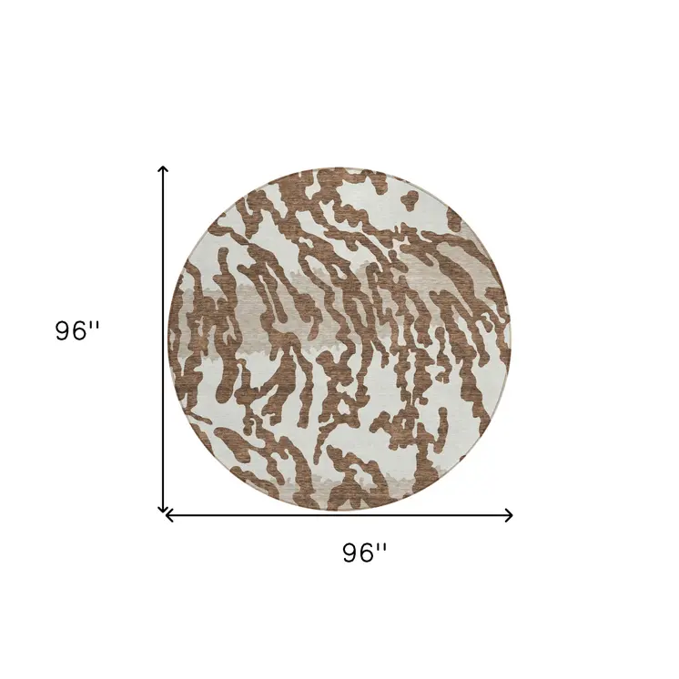 8' Chocolate Beige And Ivory Round Animal Print Washable Indoor Outdoor Area Rug
