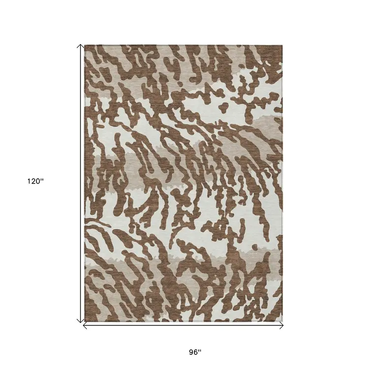 8' X 10' Chocolate Beige And Ivory Animal Print Washable Indoor Outdoor Area Rug