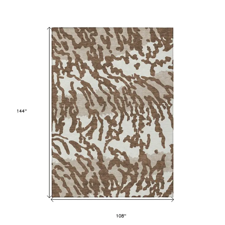 9' X 12' Chocolate Beige And Ivory Animal Print Washable Indoor Outdoor Area Rug