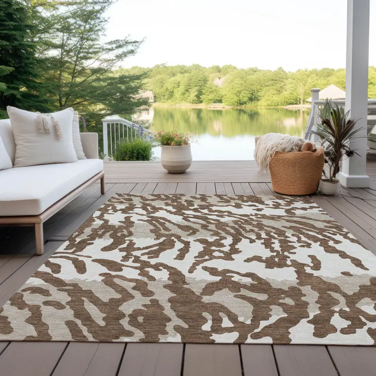 10' X 14' Chocolate Beige And Ivory Animal Print Washable Indoor Outdoor Area Rug