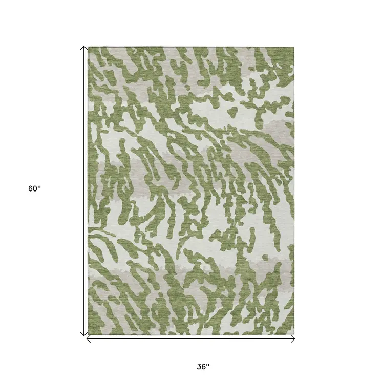 3' X 5' Green Gray And Ivory Animal Print Washable Indoor Outdoor Area Rug
