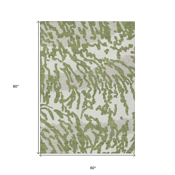 5' X 8' Green Gray And Ivory Animal Print Washable Indoor Outdoor Area Rug