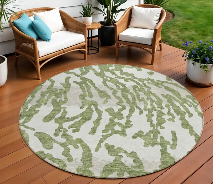 8' Green Gray And Ivory Round Animal Print Washable Indoor Outdoor Area Rug