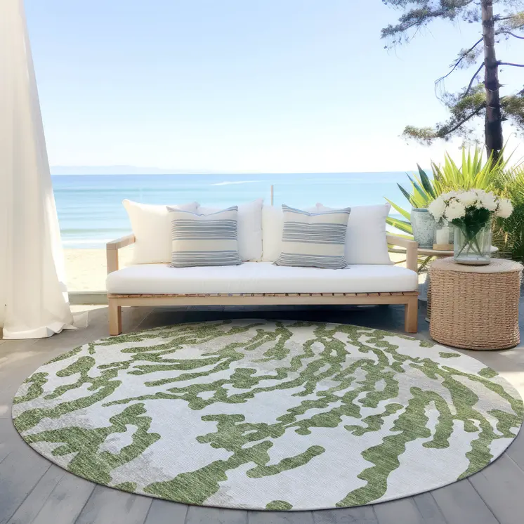 8' Green Gray And Ivory Round Animal Print Washable Indoor Outdoor Area Rug