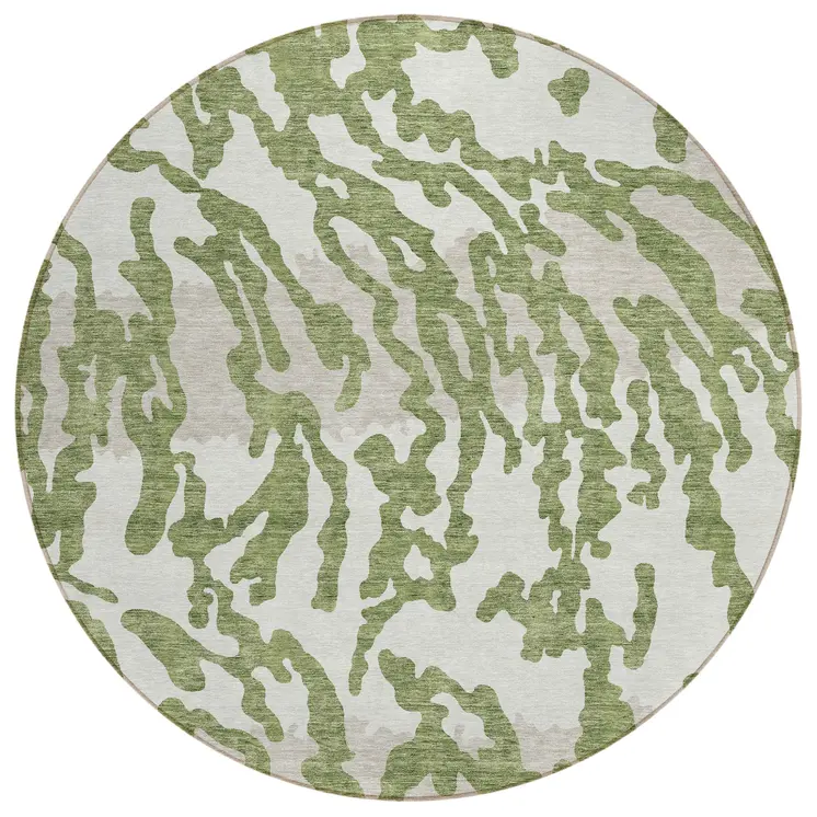 8' Green Gray And Ivory Round Animal Print Washable Indoor Outdoor Area Rug