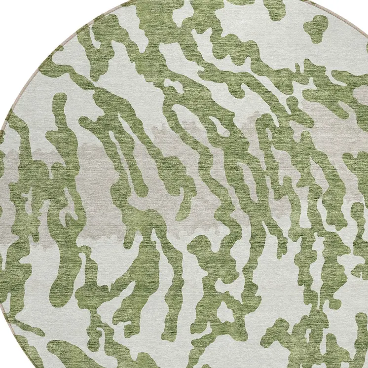 8' Green Gray And Ivory Round Animal Print Washable Indoor Outdoor Area Rug