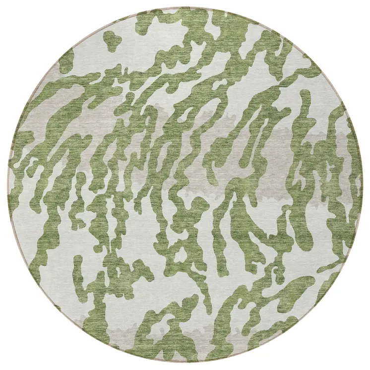 8' Green Gray And Ivory Round Animal Print Washable Indoor Outdoor Area Rug