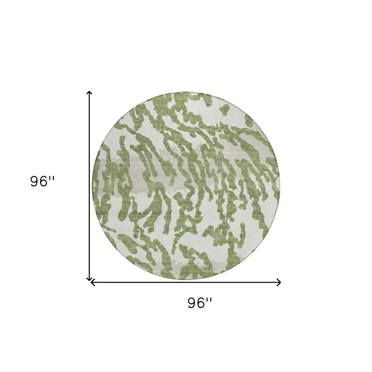 8' Green Gray And Ivory Round Animal Print Washable Indoor Outdoor Area Rug
