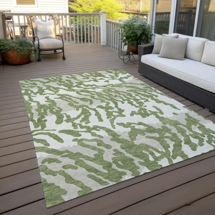 10' X 14' Green Gray And Ivory Animal Print Washable Indoor Outdoor Area Rug