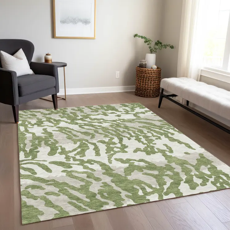 10' X 14' Green Gray And Ivory Animal Print Washable Indoor Outdoor Area Rug