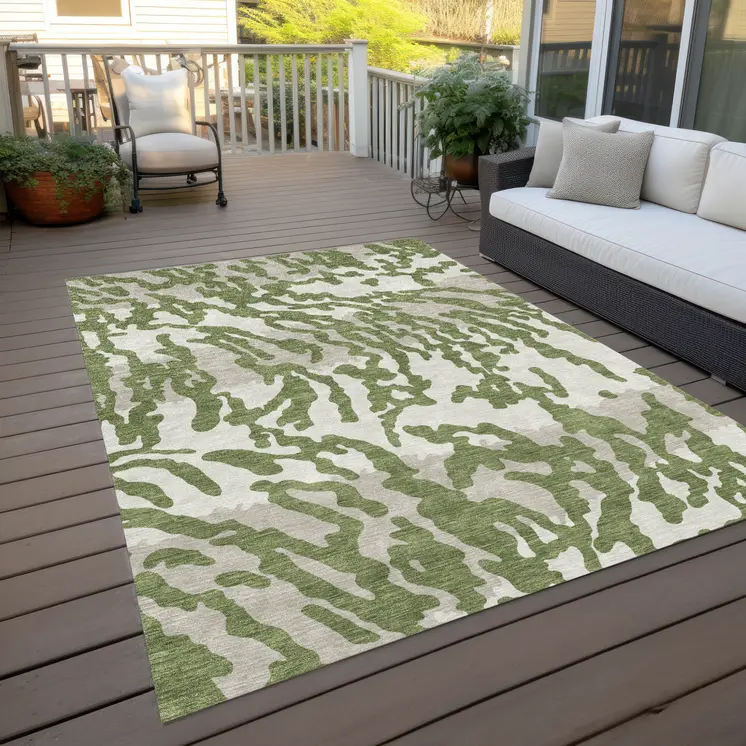 10' X 14' Green Gray And Ivory Animal Print Washable Indoor Outdoor Area Rug