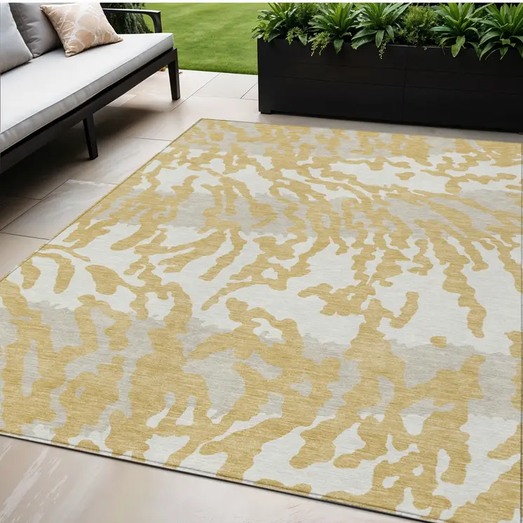 5' X 8' Gold Gray And Ivory Animal Print Washable Indoor Outdoor Area Rug