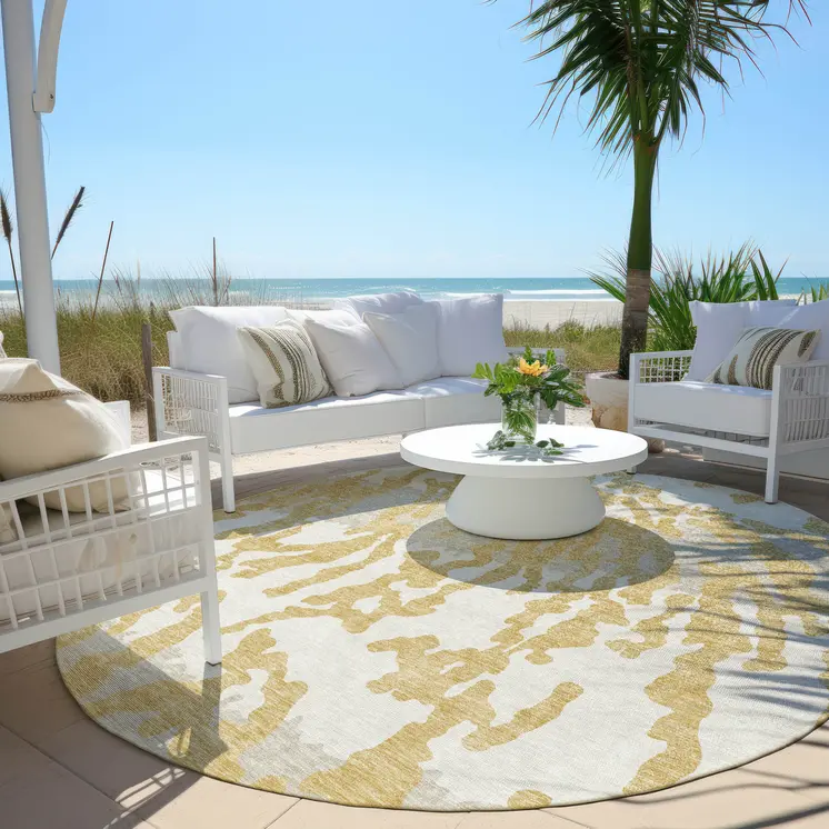 8' Gold Gray And Ivory Round Animal Print Washable Indoor Outdoor Area Rug
