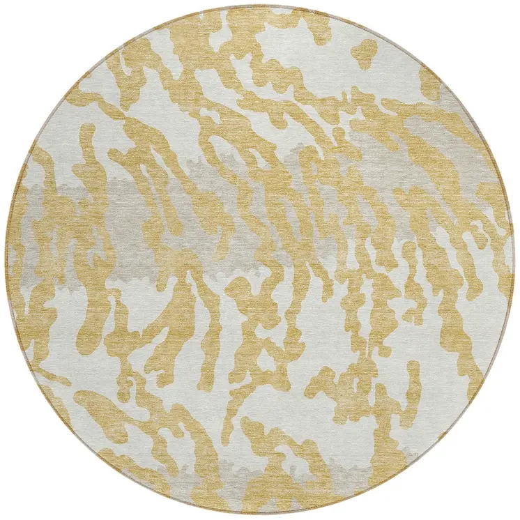 8' Gold Gray And Ivory Round Animal Print Washable Indoor Outdoor Area Rug