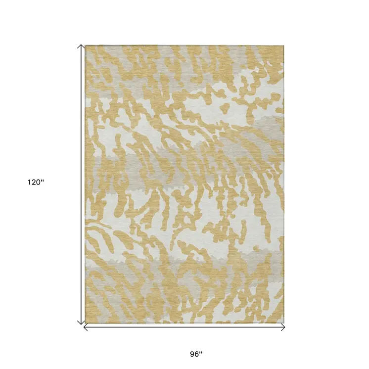 8' X 10' Gold Gray And Ivory Animal Print Washable Indoor Outdoor Area Rug
