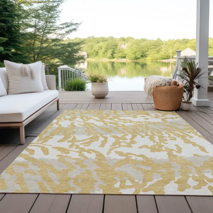 8' X 10' Gold Gray And Ivory Animal Print Washable Indoor Outdoor Area Rug