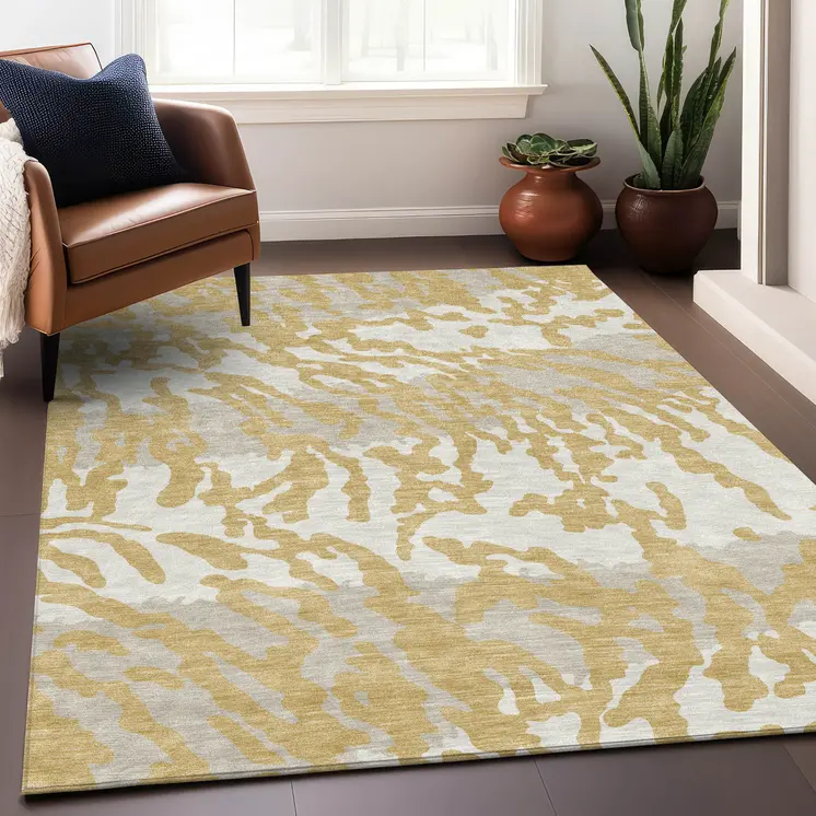 8' X 10' Gold Gray And Ivory Animal Print Washable Indoor Outdoor Area Rug