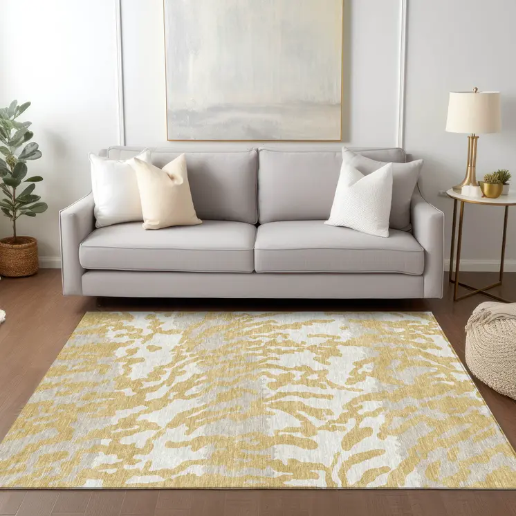 8' X 10' Gold Gray And Ivory Animal Print Washable Indoor Outdoor Area Rug