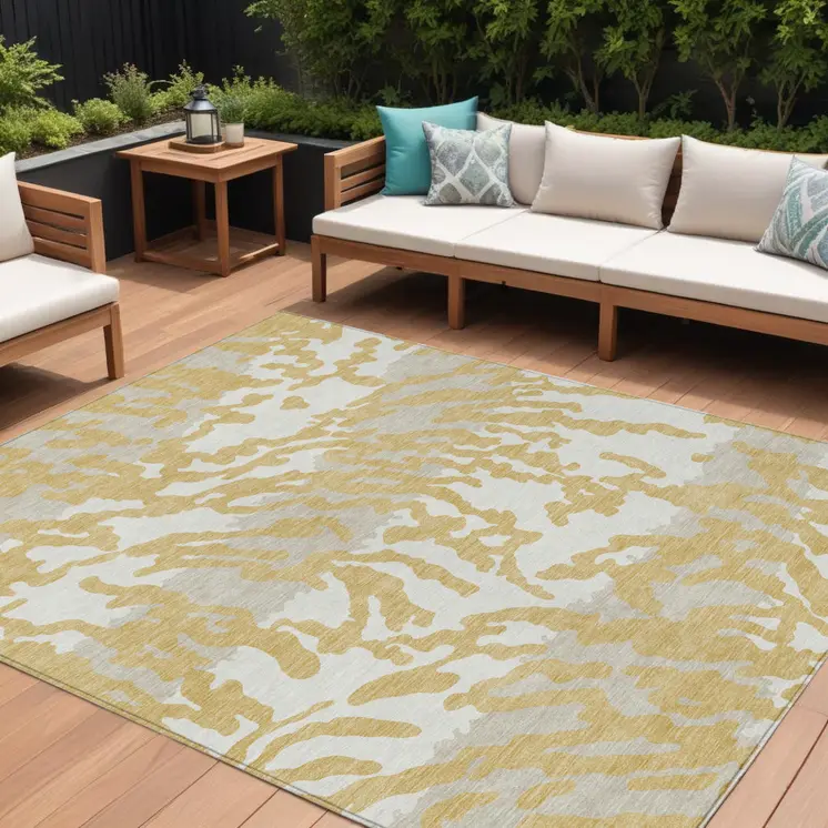 10' X 14' Gold Gray And Ivory Animal Print Washable Indoor Outdoor Area Rug