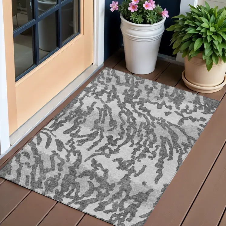 3' X 5' Gray And Ivory Animal Print Washable Indoor Outdoor Area Rug
