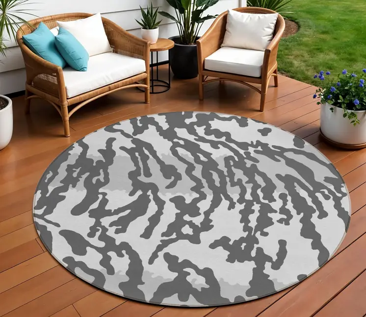 8' Gray And Ivory Round Animal Print Washable Indoor Outdoor Area Rug