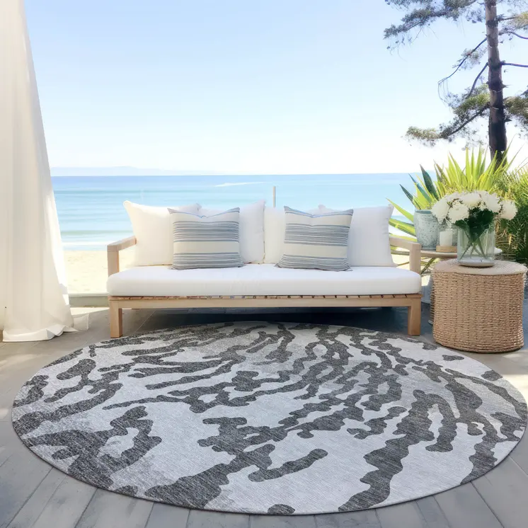 8' Gray And Ivory Round Animal Print Washable Indoor Outdoor Area Rug