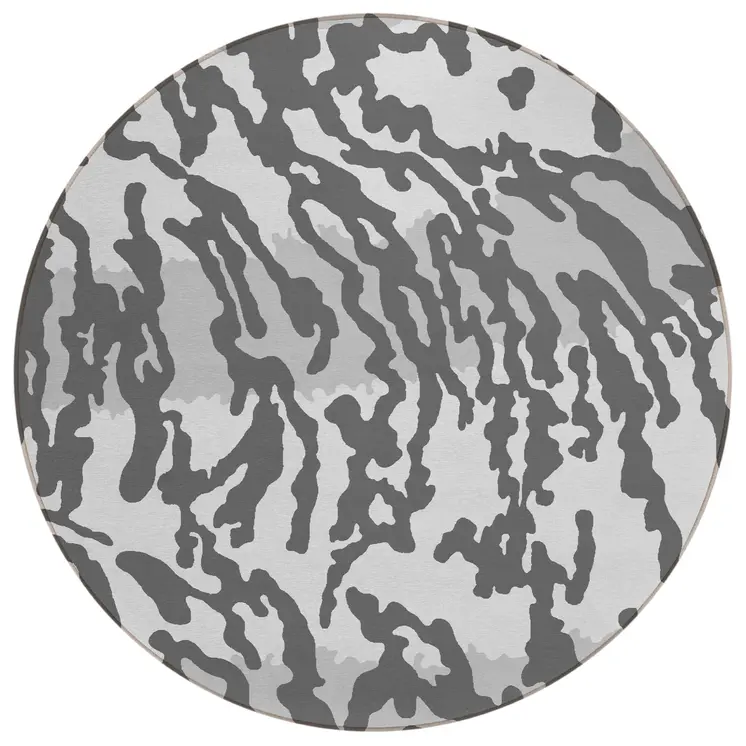 8' Gray And Ivory Round Animal Print Washable Indoor Outdoor Area Rug