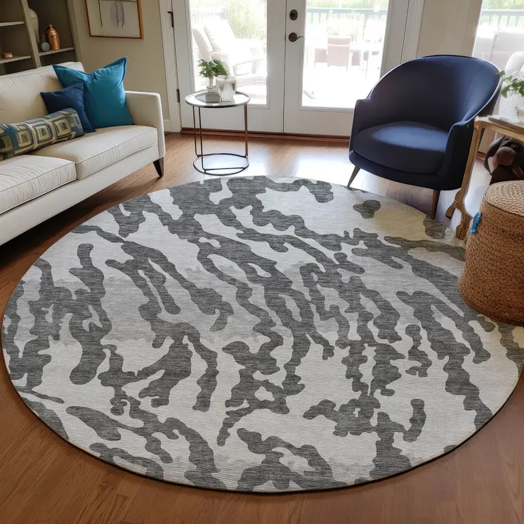 8' Gray And Ivory Round Animal Print Washable Indoor Outdoor Area Rug