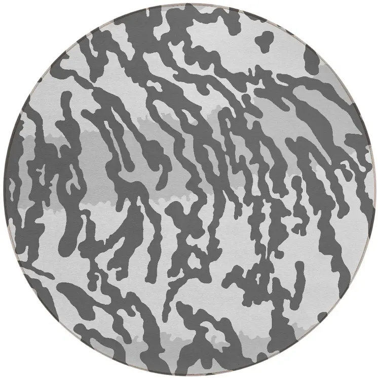 8' Gray And Ivory Round Animal Print Washable Indoor Outdoor Area Rug