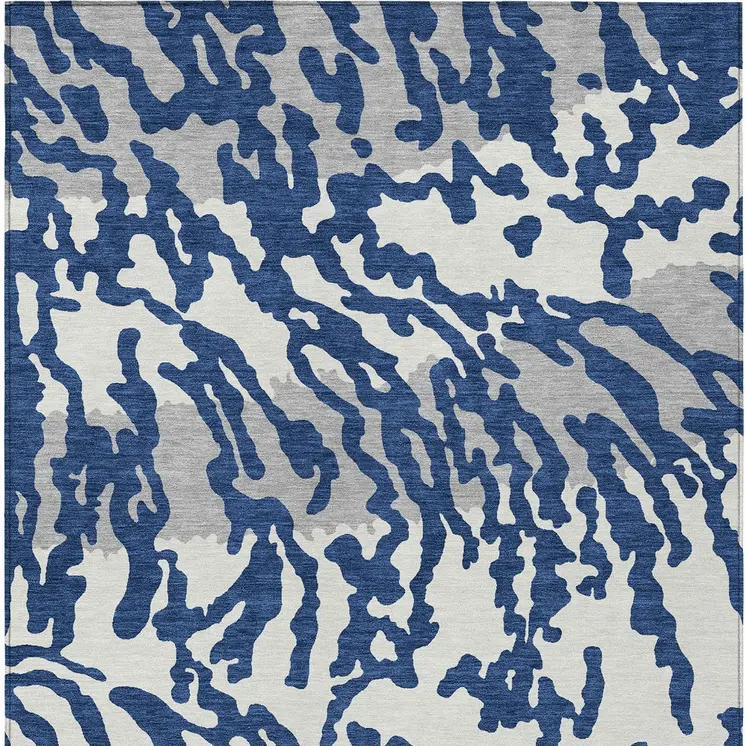 3' X 5' Navy Blue Gray And Ivory Animal Print Washable Indoor Outdoor Area Rug