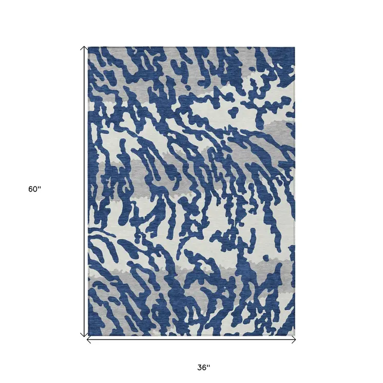 3' X 5' Navy Blue Gray And Ivory Animal Print Washable Indoor Outdoor Area Rug