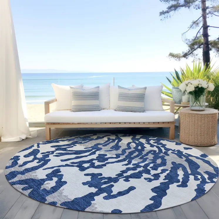 8' Navy Blue Gray And Ivory Round Animal Print Washable Indoor Outdoor Area Rug