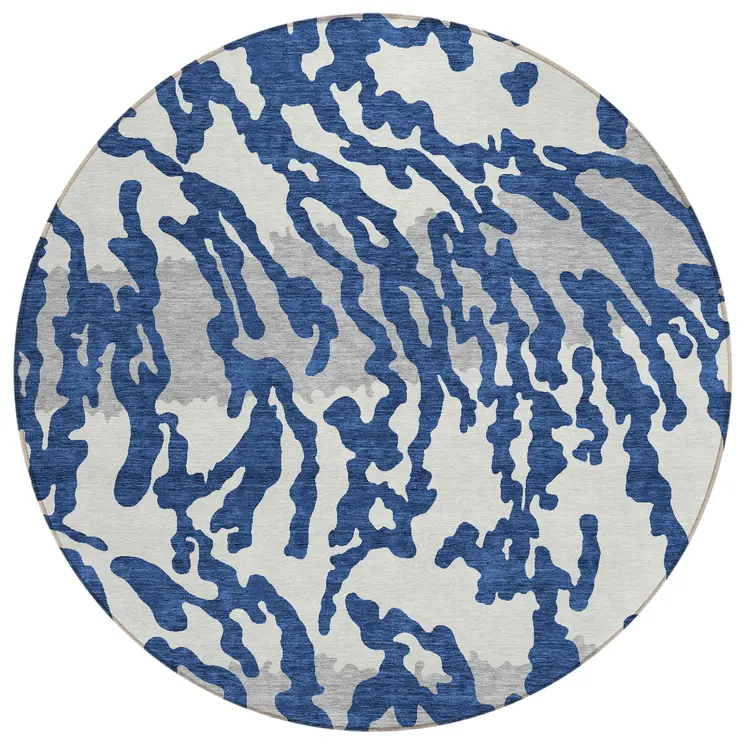 8' Navy Blue Gray And Ivory Round Animal Print Washable Indoor Outdoor Area Rug