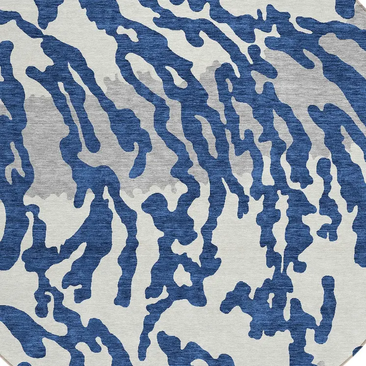 8' Navy Blue Gray And Ivory Round Animal Print Washable Indoor Outdoor Area Rug