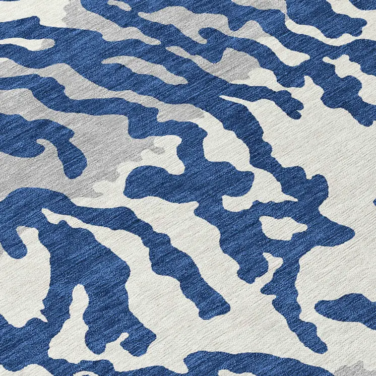 8' Navy Blue Gray And Ivory Round Animal Print Washable Indoor Outdoor Area Rug