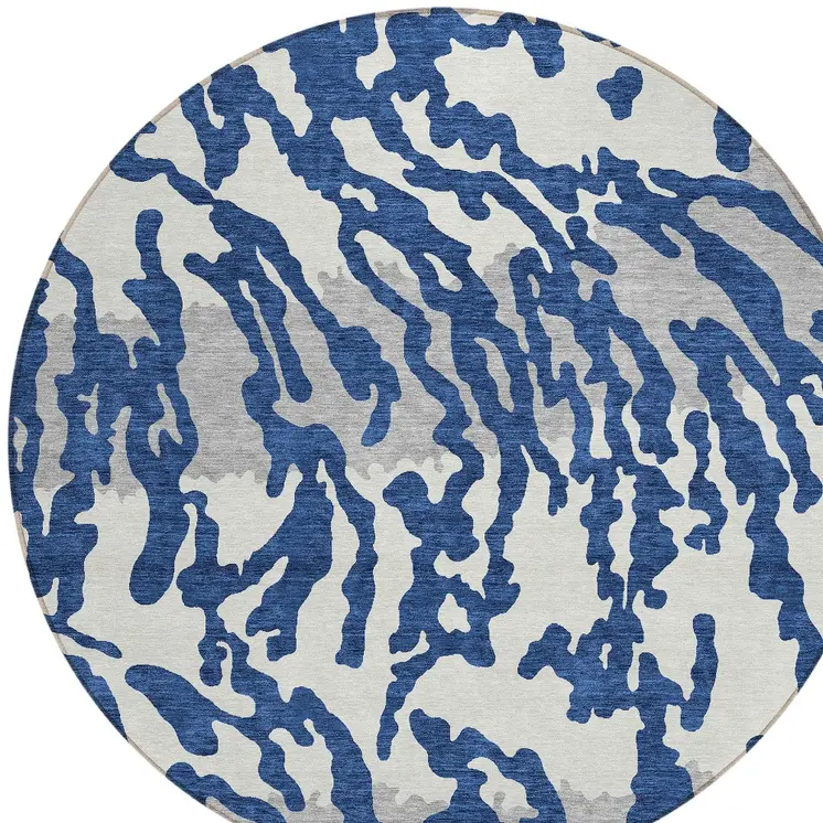 8' Navy Blue Gray And Ivory Round Animal Print Washable Indoor Outdoor Area Rug