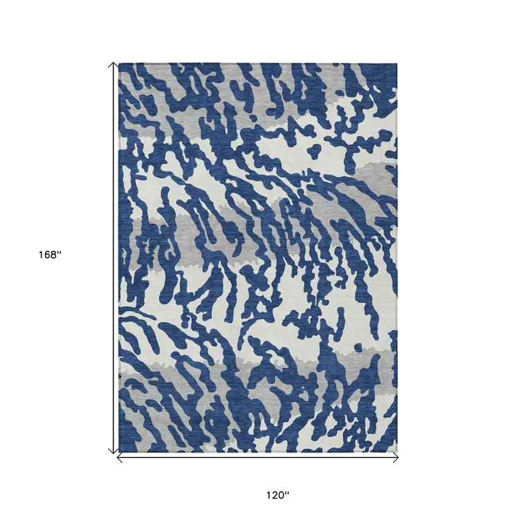 10' X 14' Navy Blue Gray And Ivory Animal Print Washable Indoor Outdoor Area Rug