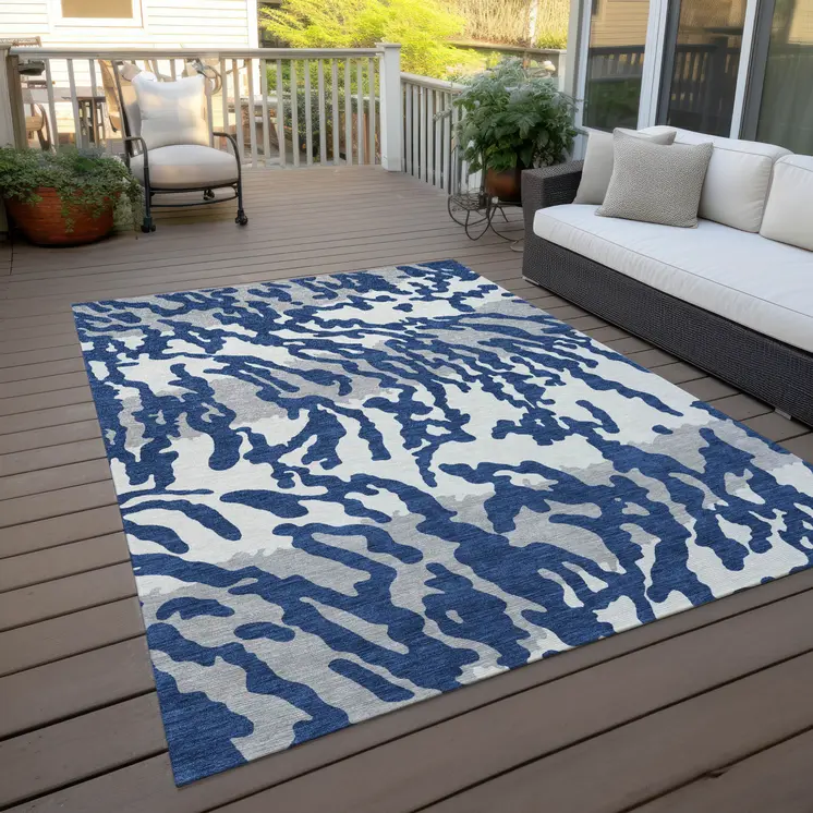 10' X 14' Navy Blue Gray And Ivory Animal Print Washable Indoor Outdoor Area Rug