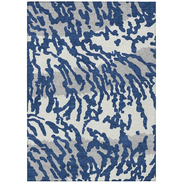10' X 14' Navy Blue Gray And Ivory Animal Print Washable Indoor Outdoor Area Rug