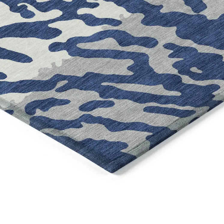 10' X 14' Navy Blue Gray And Ivory Animal Print Washable Indoor Outdoor Area Rug