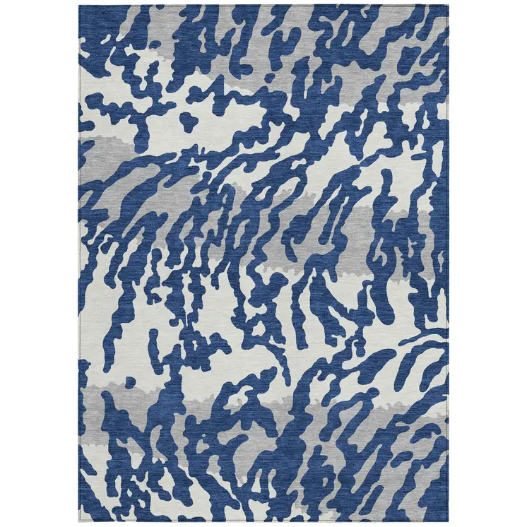 10' X 14' Navy Blue Gray And Ivory Animal Print Washable Indoor Outdoor Area Rug
