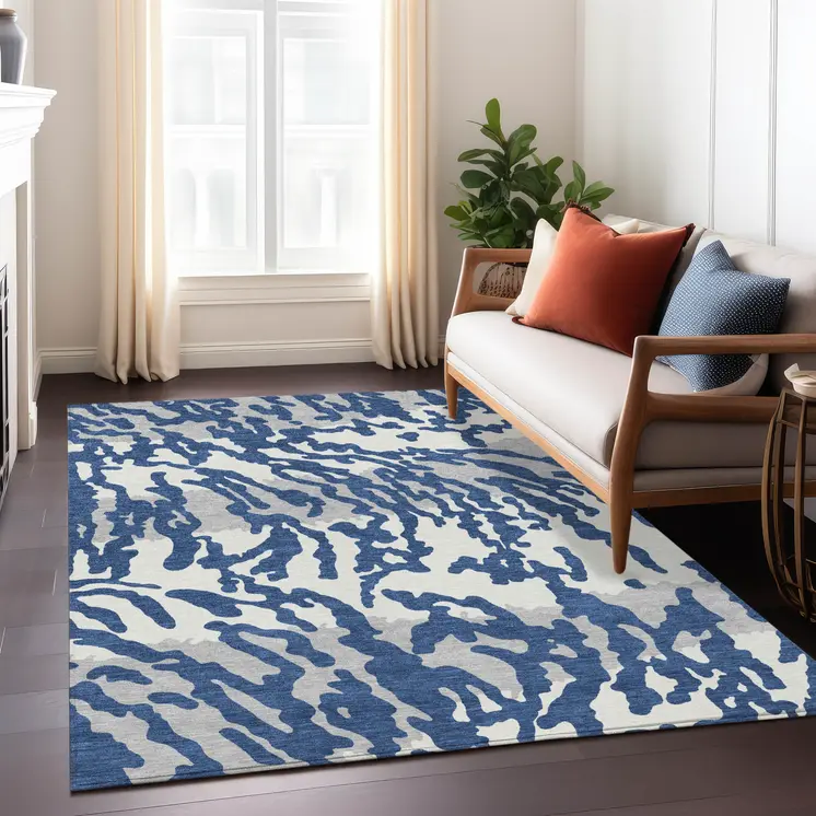 10' X 14' Navy Blue Gray And Ivory Animal Print Washable Indoor Outdoor Area Rug